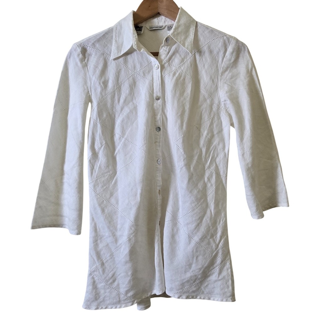 Richard Malcolm Button Down Shirt Womens S White 100% Irish Linen Pointelle